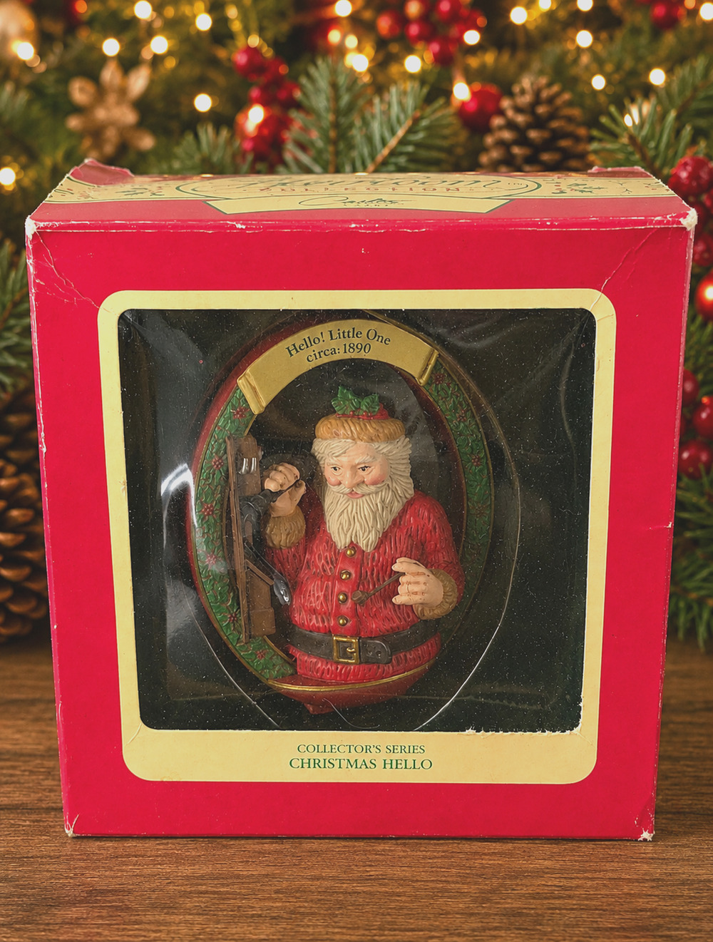 Vintage 1990 Carlton Cards Heirloom Christmas Hello Santa Ornament w/ Box